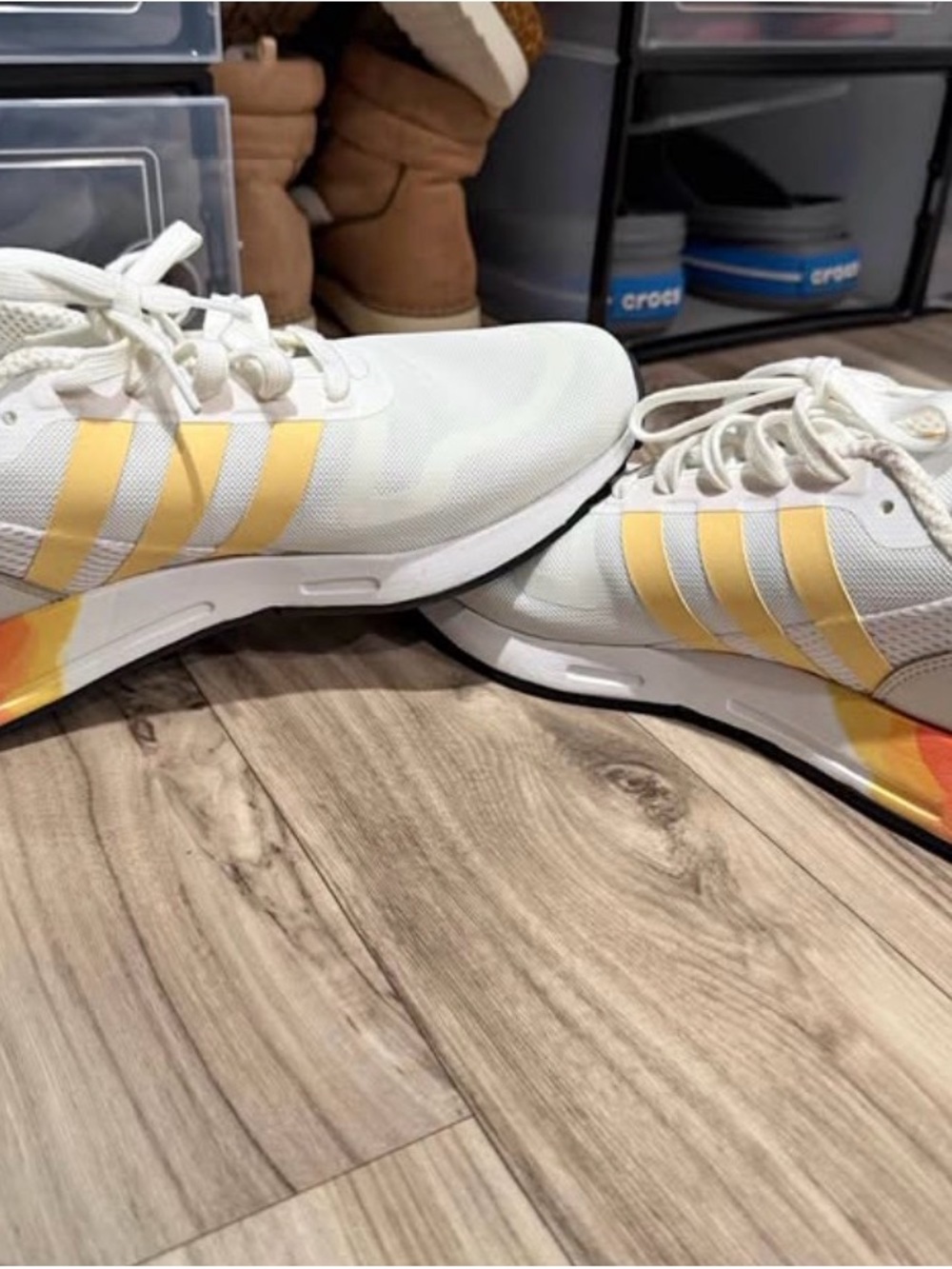 adidas Women’s White Sneakers with Yellow Stripe Accents